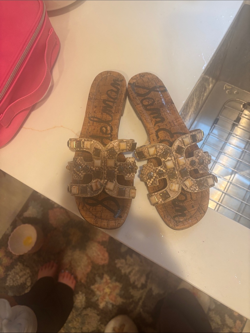 Sam Edelman Tan and Gold Embellished Cork Slide Sandals